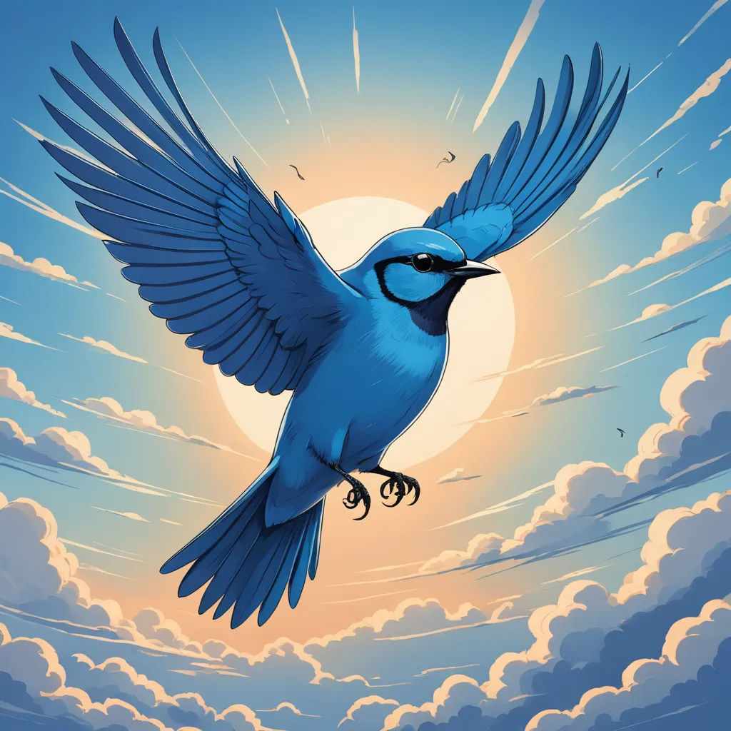 a blue bird flying through a cloudy sky with the sun in the background and clouds in the foreground, generative art, a digital painting, Chris LaBrooy, josan gonzales and dan mumford