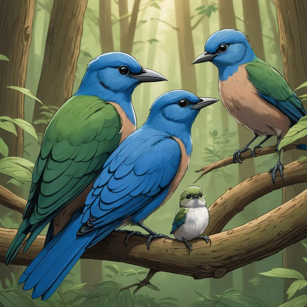 a couple of birds sitting on top of a tree branch in a forest next to a baby bird on a branch, altermodern, an illustration of, Chris LaBrooy, birds