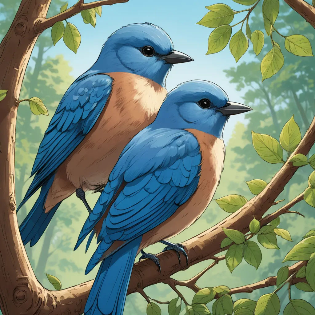 two blue birds sitting on a tree branch in a forest with green leaves and a blue sky in the background, altermodern, a storybook illustration, Chris LaBrooy, birds