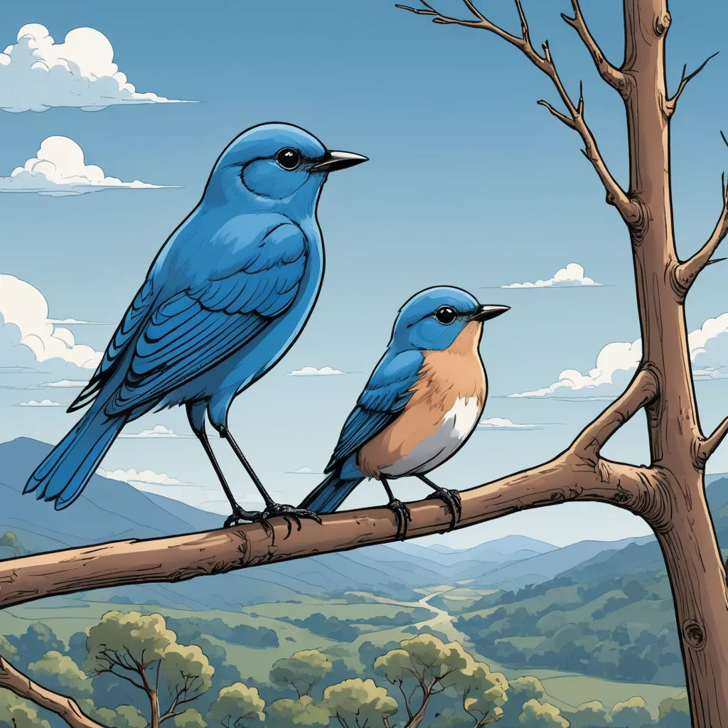 two birds sitting on a tree branch in a forest with mountains in the background and clouds in the sky, context art, a storybook illustration, Chris Ware, josan gonzales and dan mumford