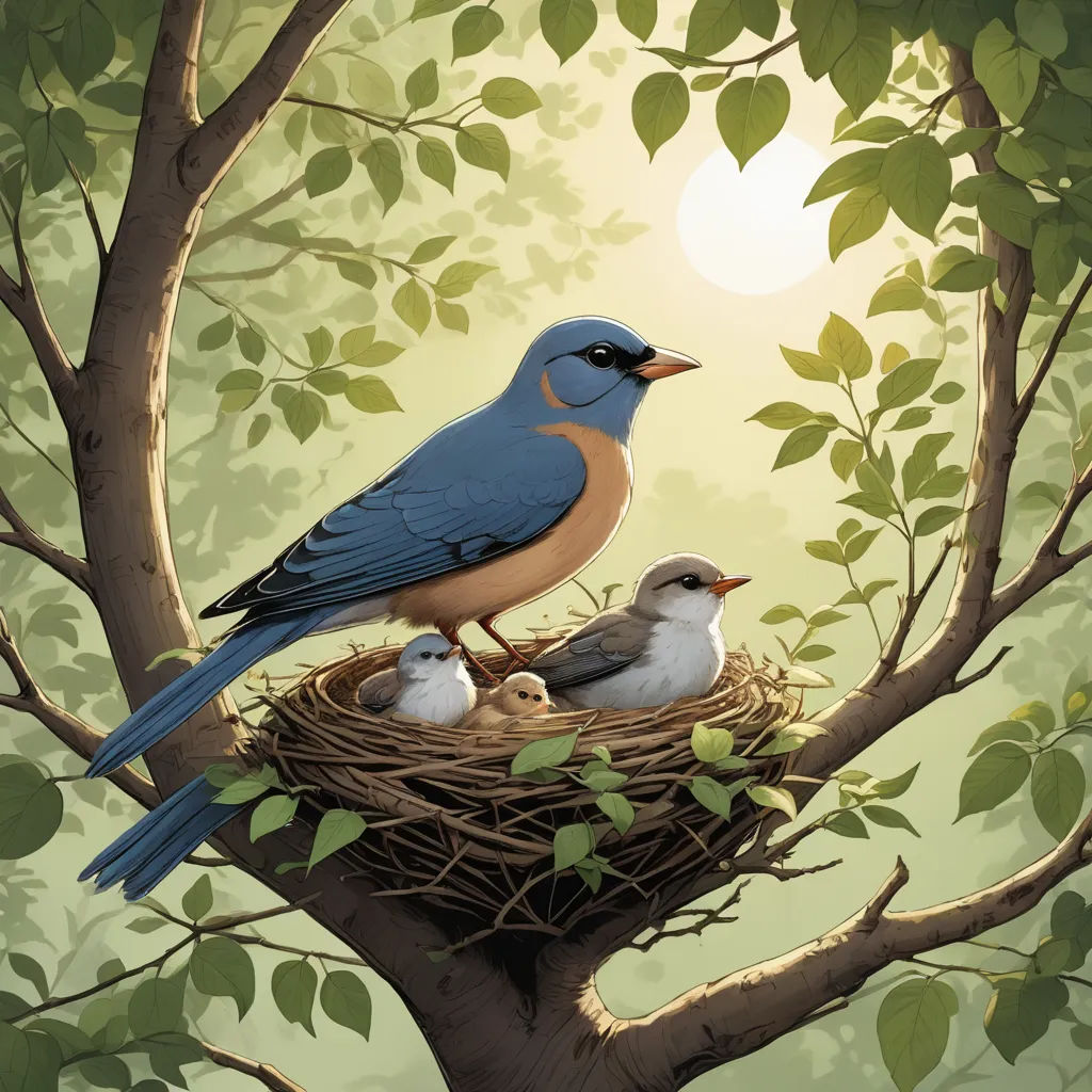 a bird sitting on top of a nest with two baby birds in it's nest on a tree, american scene painting, a storybook illustration, David Martin, highly detailed digital painting