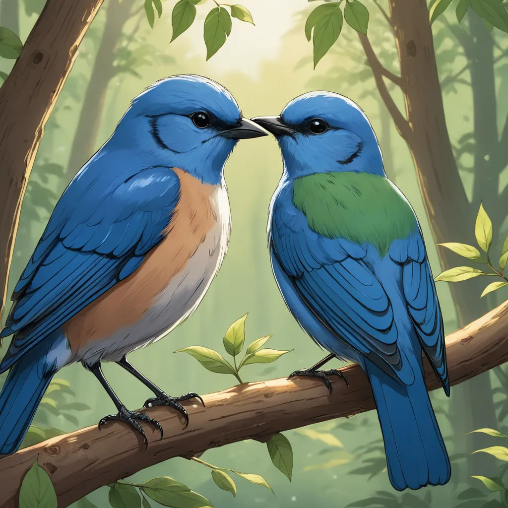 two birds sitting on a branch in a forest with leaves and trees in the background, one of them kissing the other, american scene painting, a digital painting, Chris LaBrooy, birds