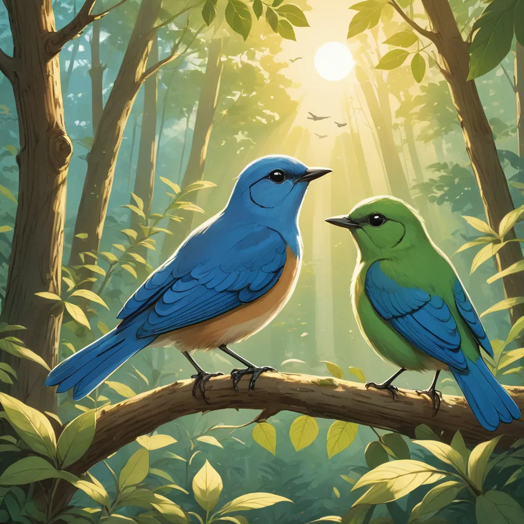 two birds sitting on a branch in a forest with sunlight shining through the trees and leaves on the ground, american scene painting, a storybook illustration, Chris LaBrooy, birds