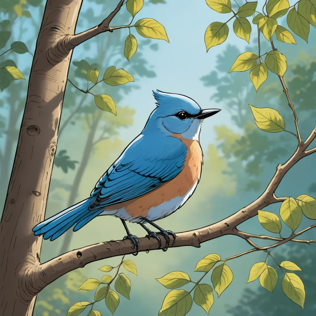 a blue bird perched on a tree branch in a forest with leaves and a blue sky in the background, process art, a storybook illustration, David Martin, birds