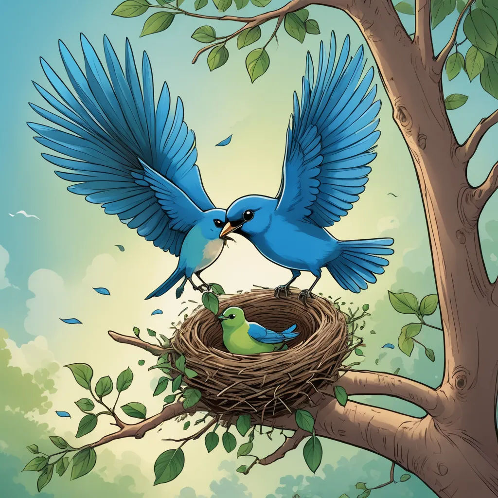 a blue bird is feeding a baby bird in a nest on a tree branch with leaves and branches surrounding it, lyco art, a storybook illustration, Chris LaBrooy, detailed illustration