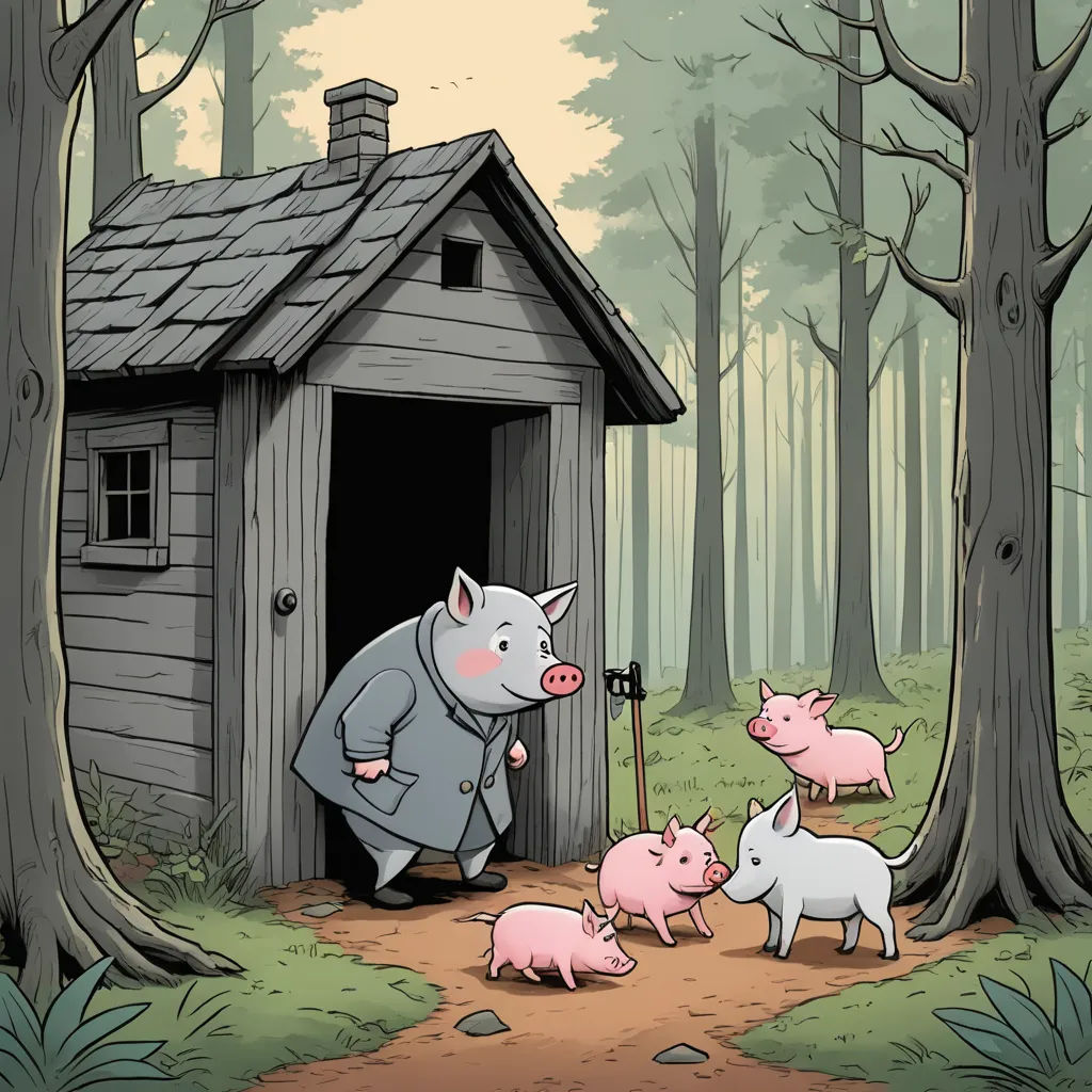 a man in a suit is standing in front of a small cabin with pigs in the yard and a dog in the yard, magical realism, a storybook illustration, Farel Dalrymple, storybook illustration