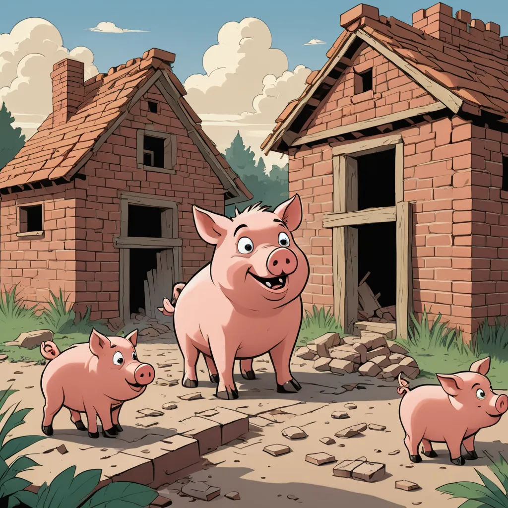a pig family standing in front of a brick house with a pig in the yard and another pig in the yard, incoherents, a storybook illustration, Andries Stock, storybook illustration