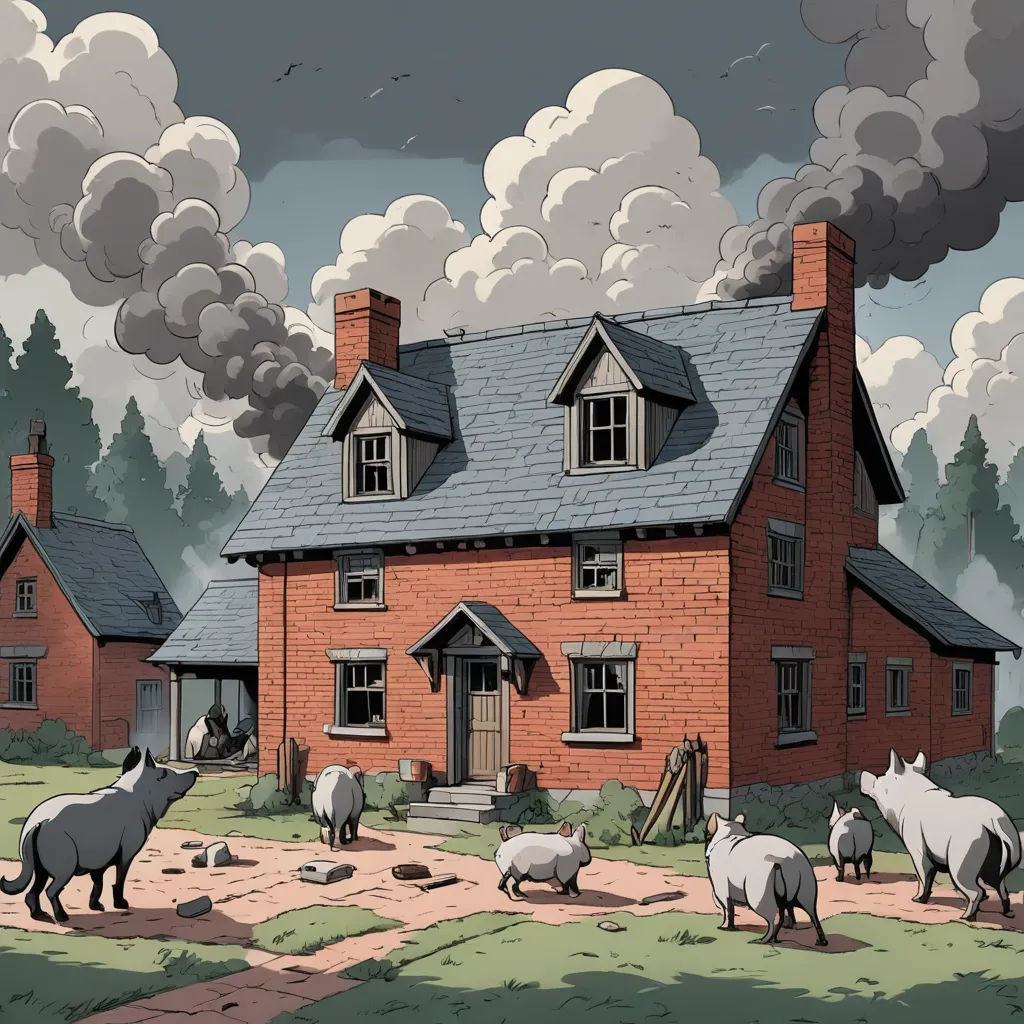 a painting of a house with animals in front of it and a lot of smoke coming out of the chimneys, environmental art, a storybook illustration, David Martin, storybook illustration