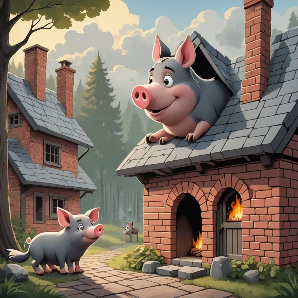 a pig and a piggy are standing outside of a house with a fire place in the chimney and a pig on the roof, fantasy art, a storybook illustration, Chris LaBrooy, storybook illustration