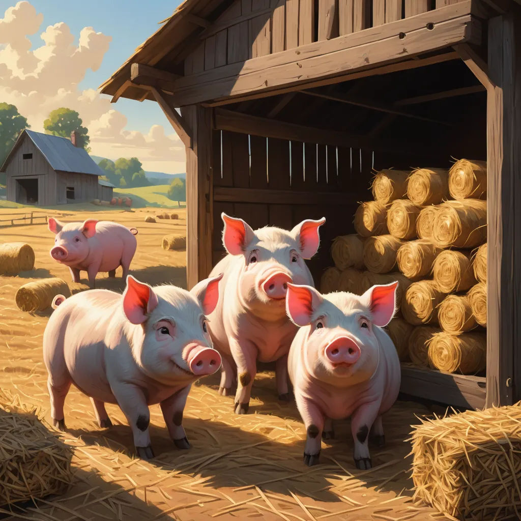 a painting of pigs in a barn with hay and bales of hay in the background and a barn with hay bales in the foreground, american scene painting, a detailed matte painting, Chris LaBrooy, dan mumford. octane render