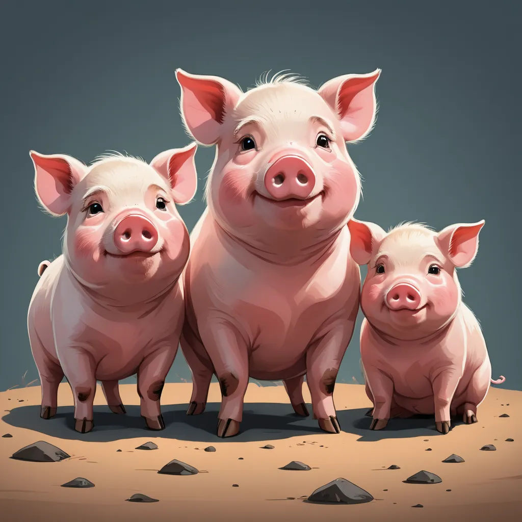 three pigs standing in the dirt with a dark background and a gray sky behind them, with a few rocks in the foreground, sots art, a storybook illustration, Anton Fadeev, trending on art station