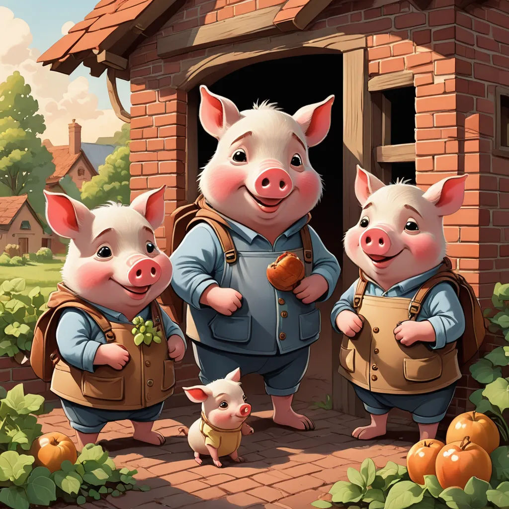 three pigs standing in front of a brick building with a pig in the doorway and a pig in the other side, fantasy art, a storybook illustration, David Martin, storybook illustration