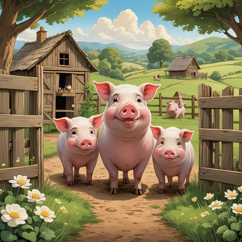 a painting of three pigs standing in front of a fence and a barn with a dog on it and a dog on the other side of the fence, american scene painting, a storybook illustration, Chris LaBrooy, official art