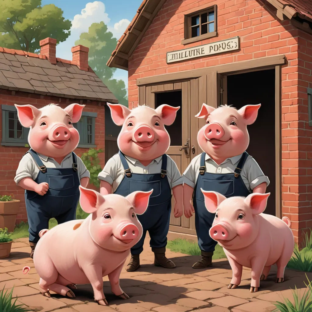 three pigs standing in front of a brick building with a sign that says,'three little pigs ', fantastic realism, a storybook illustration, David Young Cameron, storybook illustration