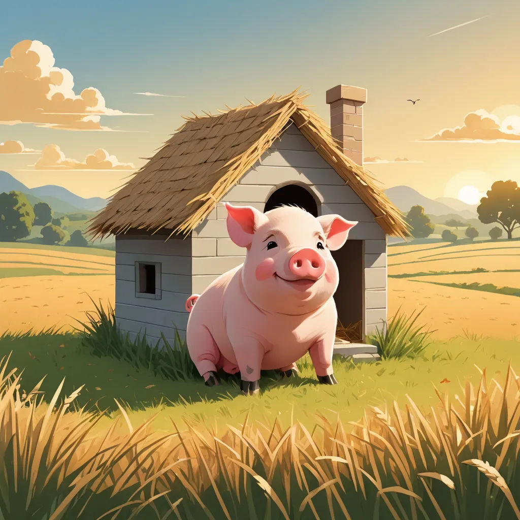 a pig sitting in the grass next to a small house with a thatched roof and a straw roof, sots art, a storybook illustration, Chris LaBrooy, storybook illustration