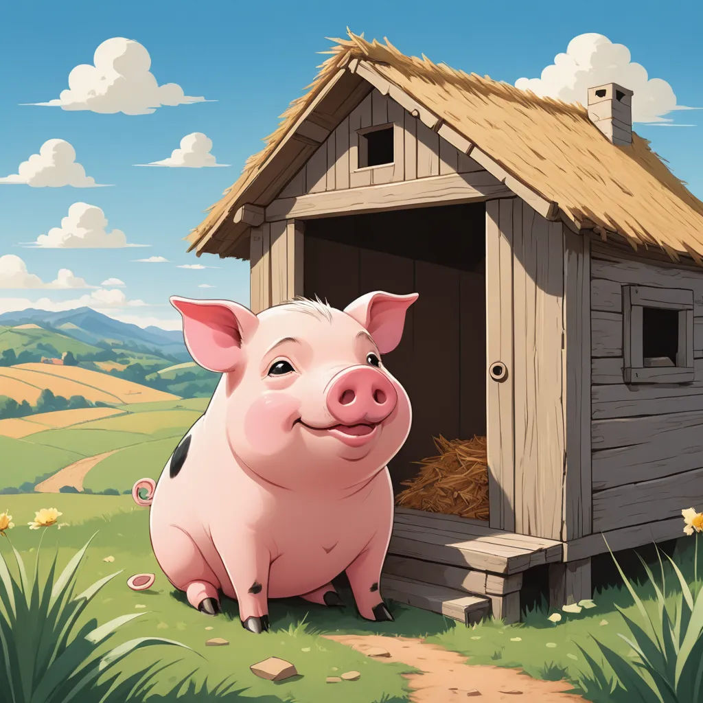 a pig sitting in a small wooden house on a farm with a straw roof and a pathway leading to it, sots art, a storybook illustration, Andries Stock, storybook illustration