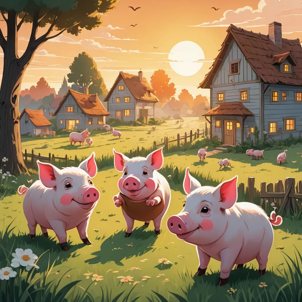 three pigs standing in a field near a house at sunset with a bird flying overhead and a bird flying overhead, sots art, a storybook illustration, Dan Mumford, official art