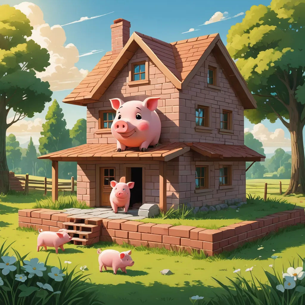 a pig and piggy house with a pig on the roof and pig on the ground in front of it, pop surrealism, a storybook illustration, Chris LaBrooy, storybook illustration