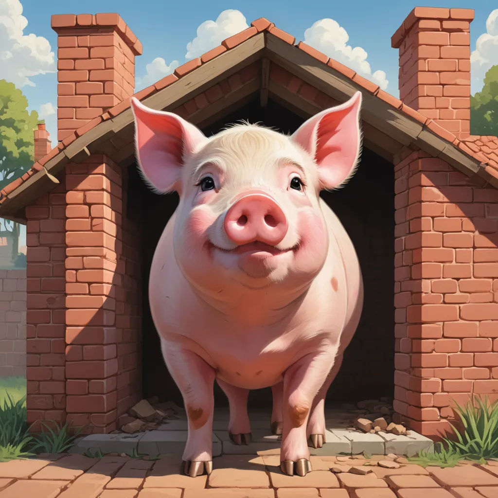 a pig standing in a brick doghouse with a brick roof and a brick chimney and a brick walkway, precisionism, a storybook illustration, Chris LaBrooy, storybook illustration
