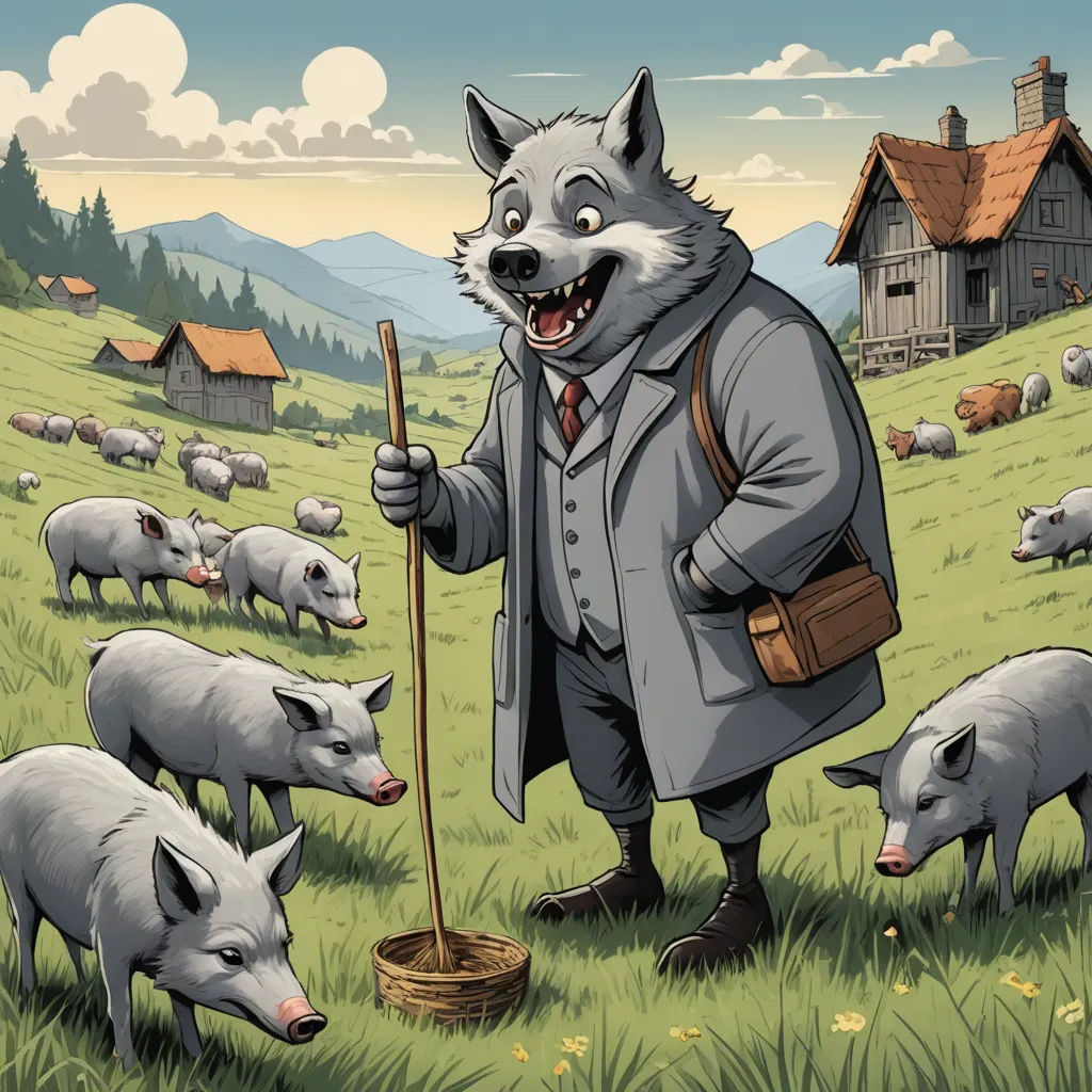 a man with a stick and a bunch of animals in a field with a house in the background and a wolf in the foreground, furry art, a storybook illustration, Chris LaBrooy, storybook illustration
