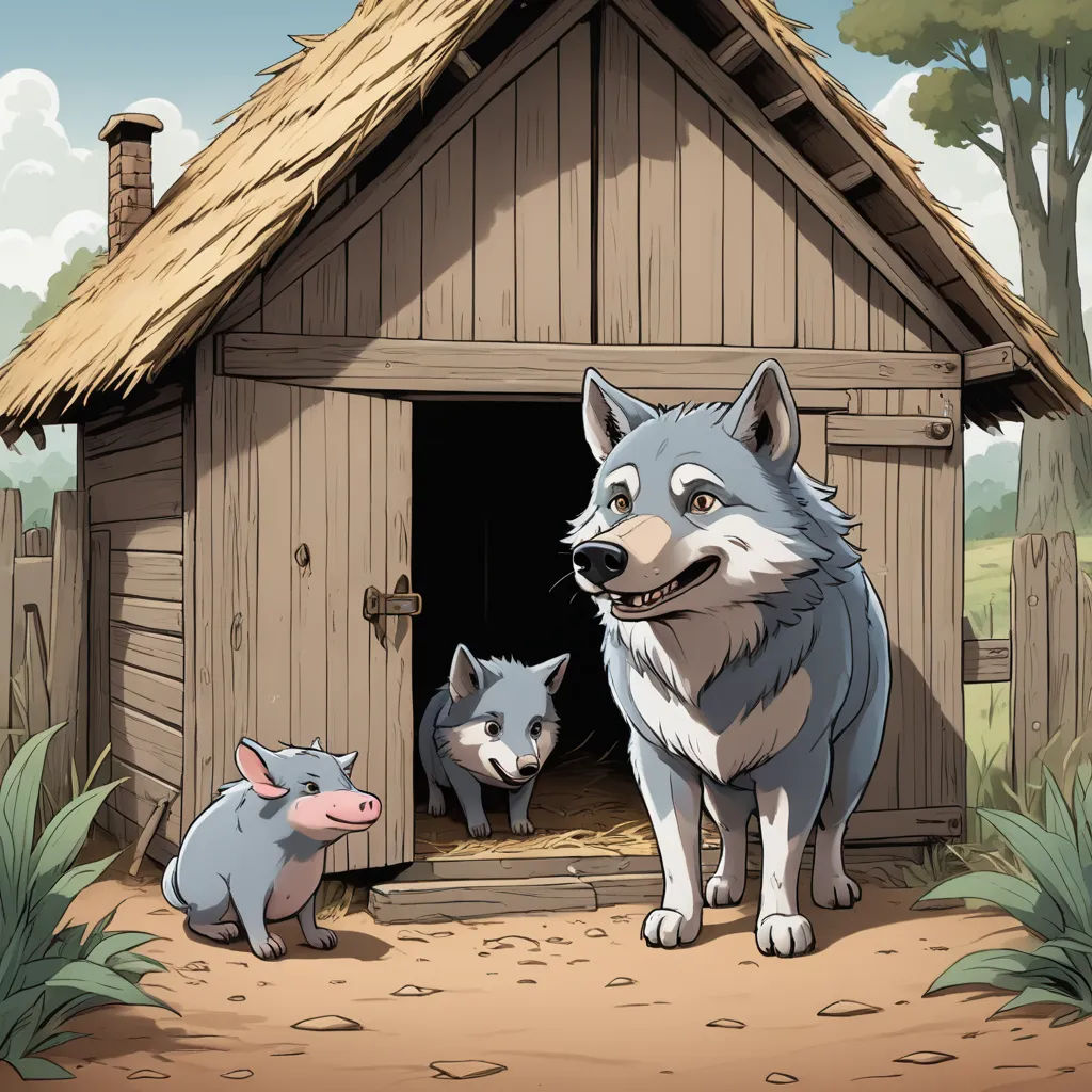 a wolf and two other animals in a small hut with a thatched roof and a door to a shed, furry art, a storybook illustration, Anson Maddocks, storybook illustration