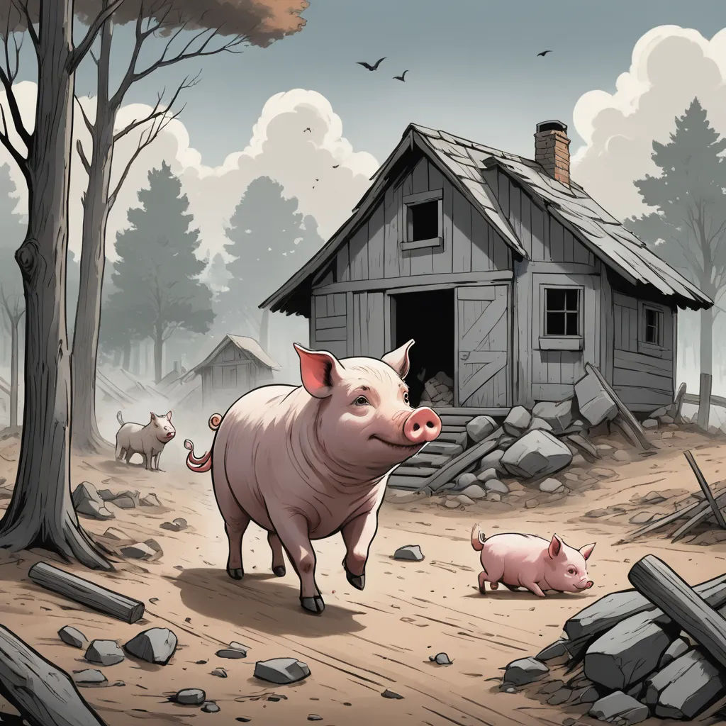 a pig and a pig pig are in the dirt near a house and trees with birds flying around it, primitivism, a storybook illustration, Dan Mumford, storybook illustration