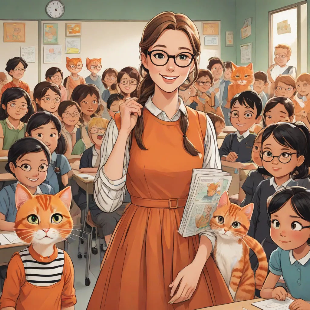 a woman in a classroom with a cat and a cat on her lap and a cat on her shoulder, paris school, a storybook illustration, Chen Hong, storybook illustration