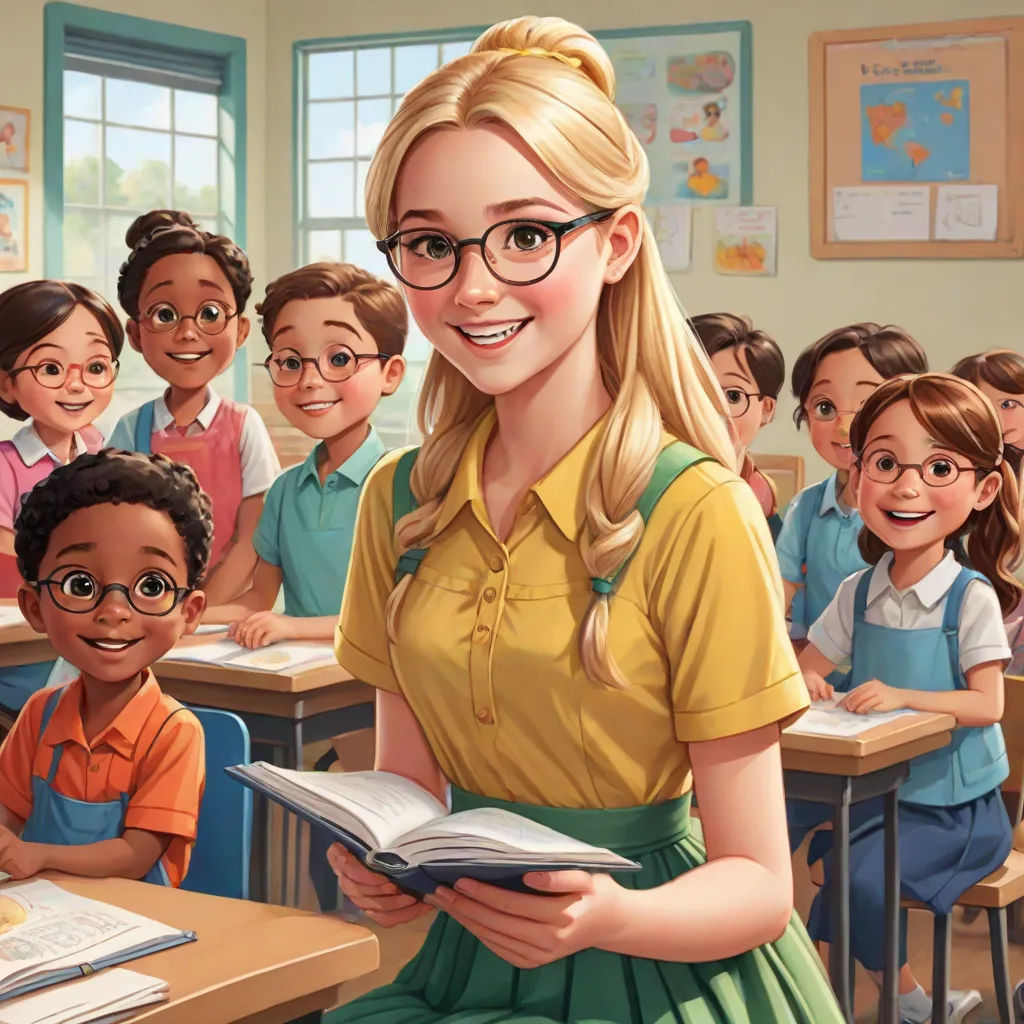 a cartoon of a girl in a classroom with a book in her hands and a group of children behind her, american scene painting, a storybook illustration, Constance Gordon-Cumming, official art