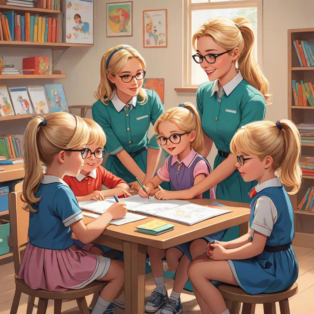 a painting of a teacher and her students doing homework together in a classroom with bookshelves and books, remodernism, a storybook illustration, Artgerm, official art