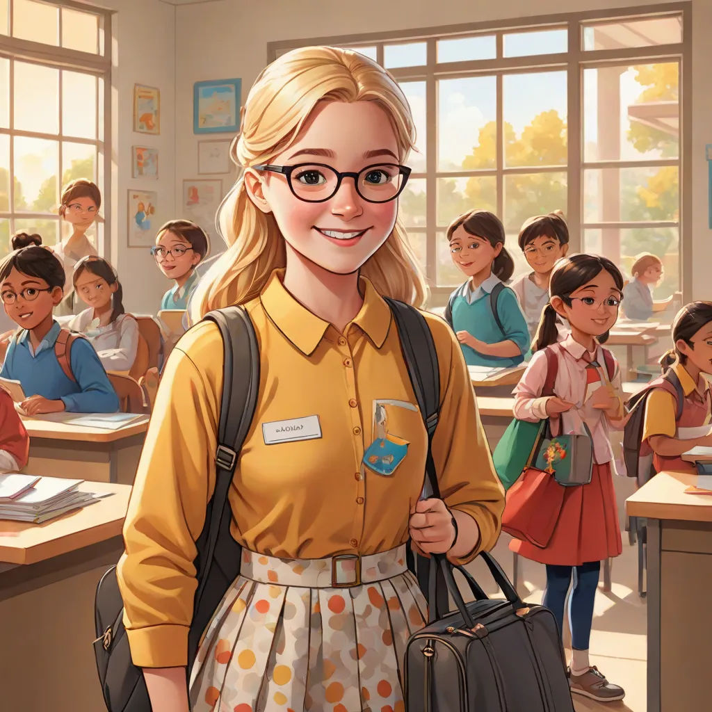 a cartoon of a girl in a school uniform with a backpack and a book bag in front of her, american scene painting, a character portrait, Constance Gordon-Cumming, official art