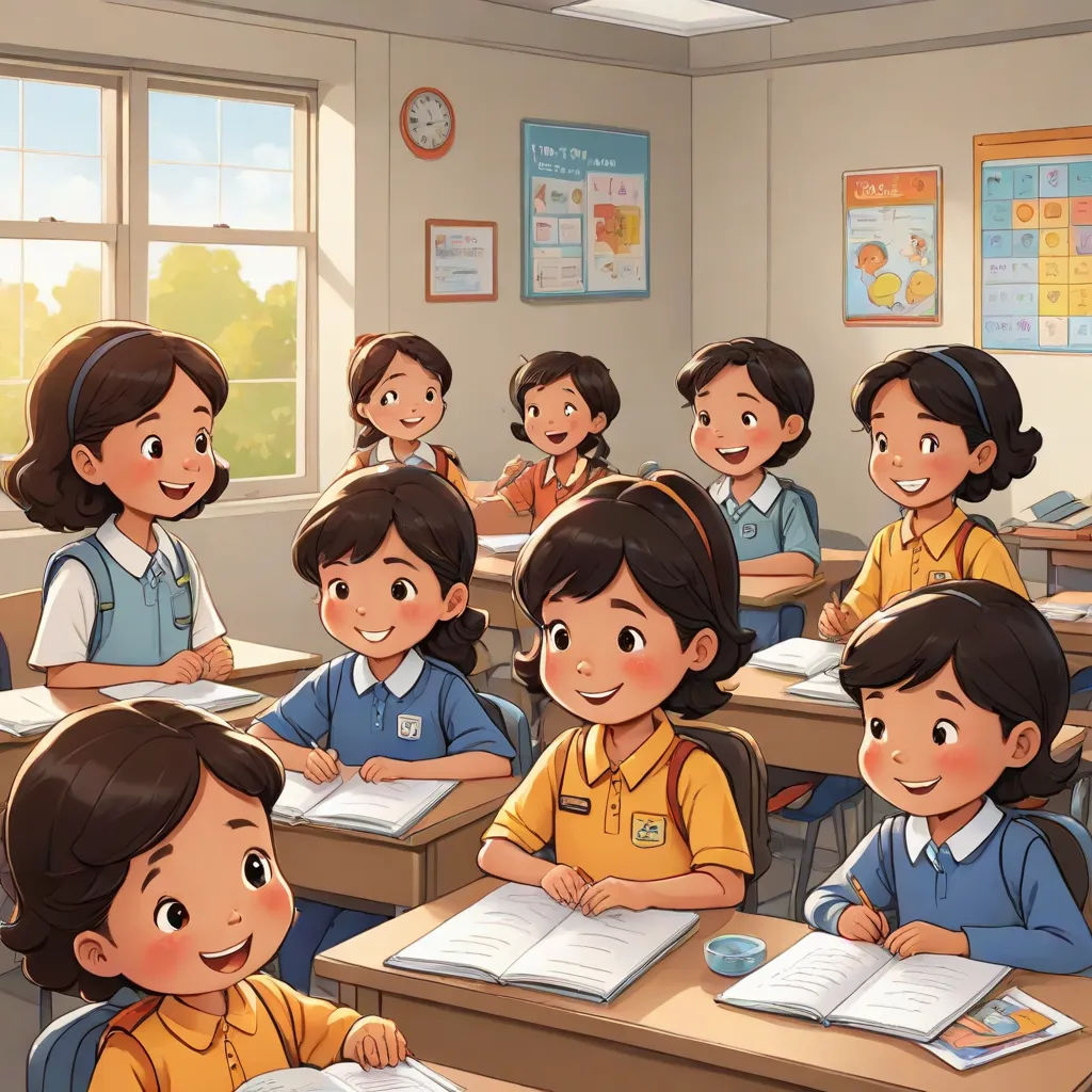 a group of children sitting at desks in a classroom with books and papers on them, with a clock in the background, vancouver school, a storybook illustration, Fernando Amorsolo, official art