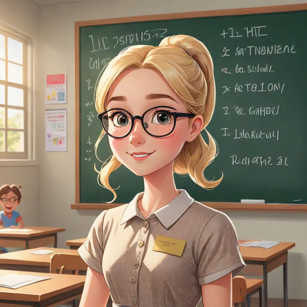 a cartoon girl with glasses standing in front of a chalkboard with a teacher in the background and a boy in the background, remodernism, a character portrait, Constance Gordon-Cumming, kinkade