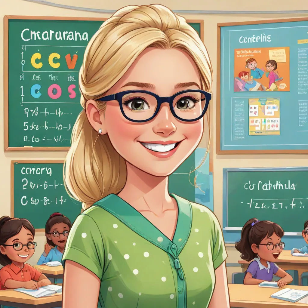 a cartoon girl with glasses in front of a classroom full of children and a teacher in the background with a chalkboard, remodernism, a character portrait, Araceli Gilbert, character portrait