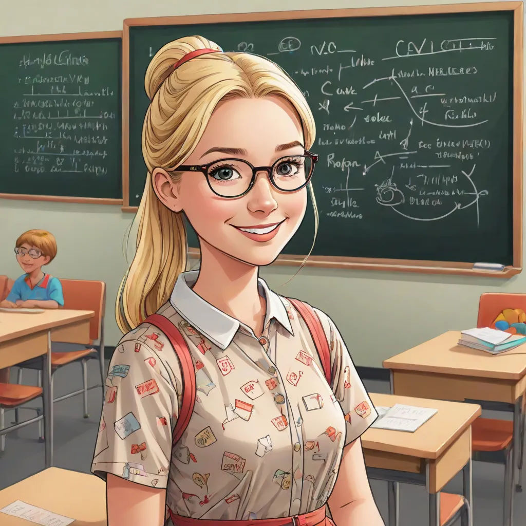 a cartoon girl with glasses standing in front of a chalkboard with a teacher in the background and a chalkboard with a chalkboard with a drawing on it, remodernism, a character portrait, Constance Gordon-Cumming, character portrait