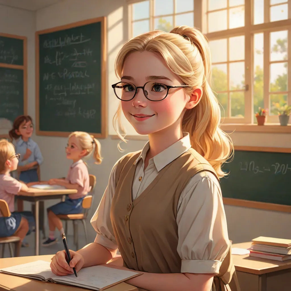 a girl in glasses is writing in a classroom with other children in the background and a chalkboard with writing on it, paris school, a detailed painting, Artgerm, cgstudio