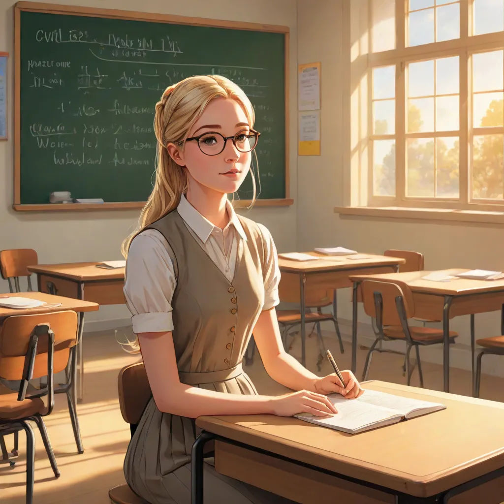 a girl sitting at a desk in a classroom with a book and pen in her hand and a book in her lap, remodernism, a detailed painting, Artgerm, official art