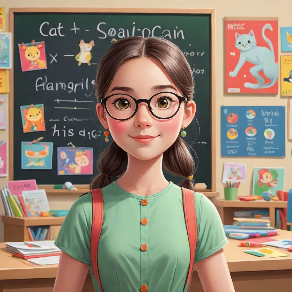 a girl in a green shirt and glasses in a classroom with a chalkboard and chalkboard behind her, art & language, a character portrait, Chen Lin, character portrait