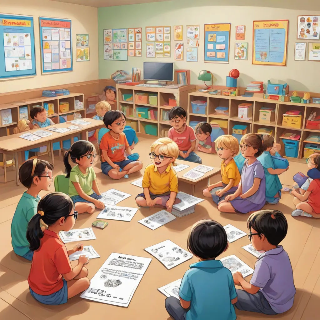 a group of children sitting around a table in a classroom with papers on the floor and a teacher reading to them, american scene painting, a storybook illustration, Art & Language, storybook illustration