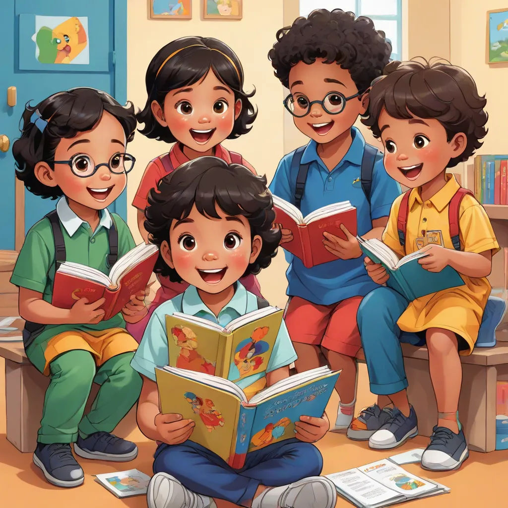 a group of children sitting on a bench reading books together in a room with a door open and a window, art & language, a storybook illustration, Altoon Sultan, comic cover art