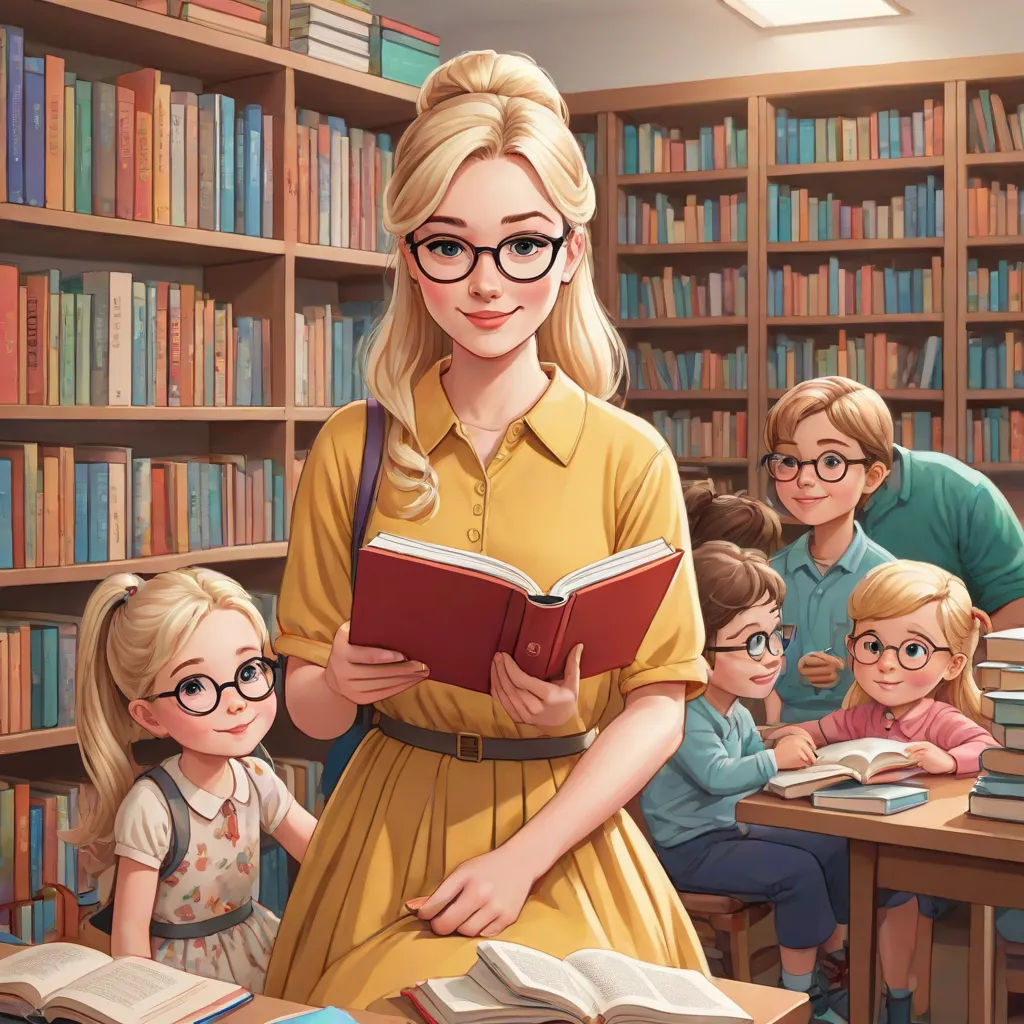a woman reading a book in a library with children sitting at a table and a man standing behind her, remodernism, a storybook illustration, Colin Middleton, ultra realistic illustration