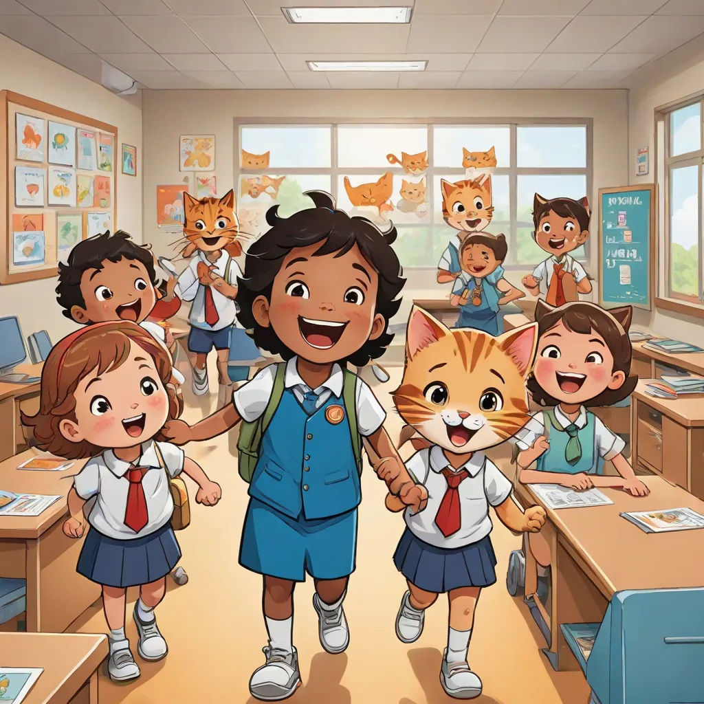 a group of children in a classroom with a cat on the desk and a cat on the desk behind them, danube school, a comic book panel, Ella Guru, official art
