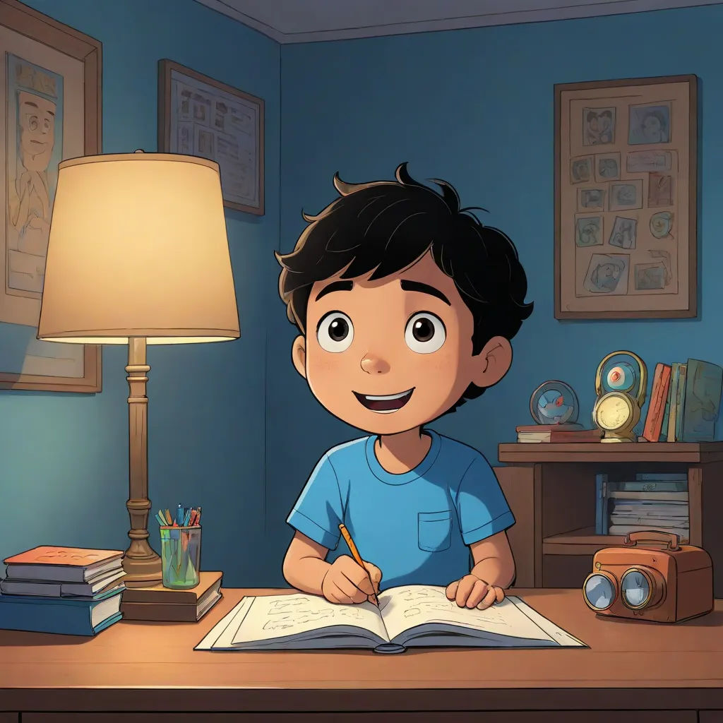 a boy is sitting at a desk with a book and a pen in his hand and a lamp on the desk, sots art, a storybook illustration, Diego Gisbert Llorens, promotional image