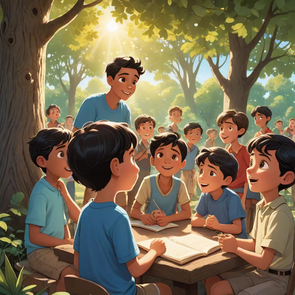 a group of children sitting around a table in a forest with a man standing over them and a man standing over the table, american scene painting, a storybook illustration, Bhupen Khakhar, official art