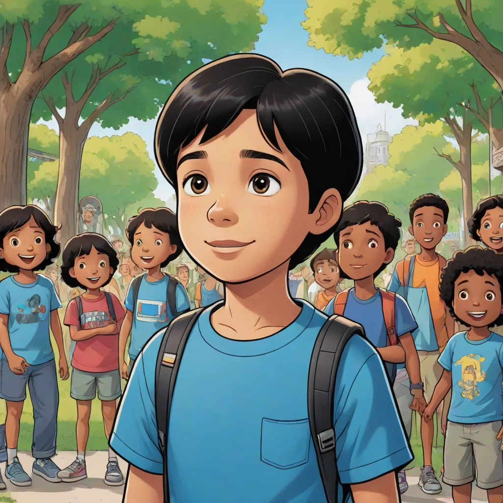 a cartoon of a boy standing in front of a group of children in a park with trees and buildings, vancouver school, a storybook illustration, Basuki Abdullah, graphic novel