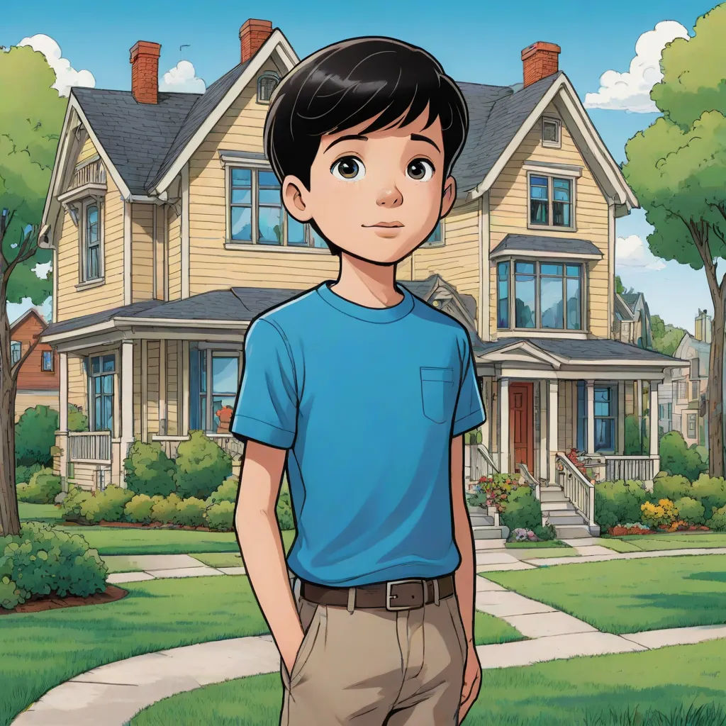 a boy standing in front of a house with a blue shirt on and a brown pants and a blue shirt on, vancouver school, a character portrait, Everett Warner, graphic novel