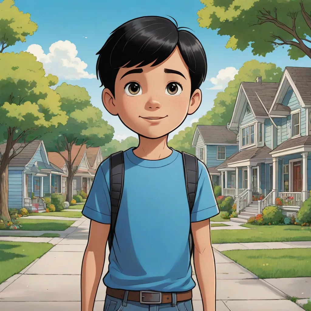 a boy in a blue shirt and jeans standing in front of a house with a tree in the background, american scene painting, a storybook illustration, Eddie Mendoza, graphic novel