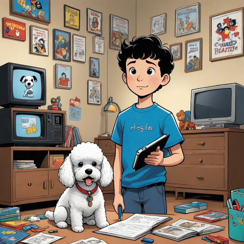 a boy standing in front of a desk with a dog on it and a book in front of him, lyco art, a comic book panel, Cliff Childs, comic cover art