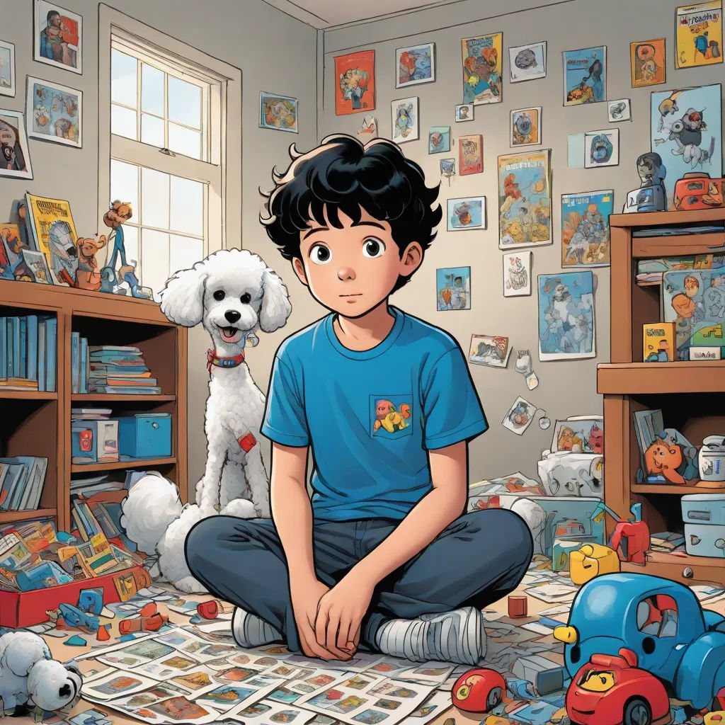 a boy sitting on the floor with a dog in front of him and a bunch of toys in the background, process art, a comic book panel, Asaf Hanuka, yukito kishiro