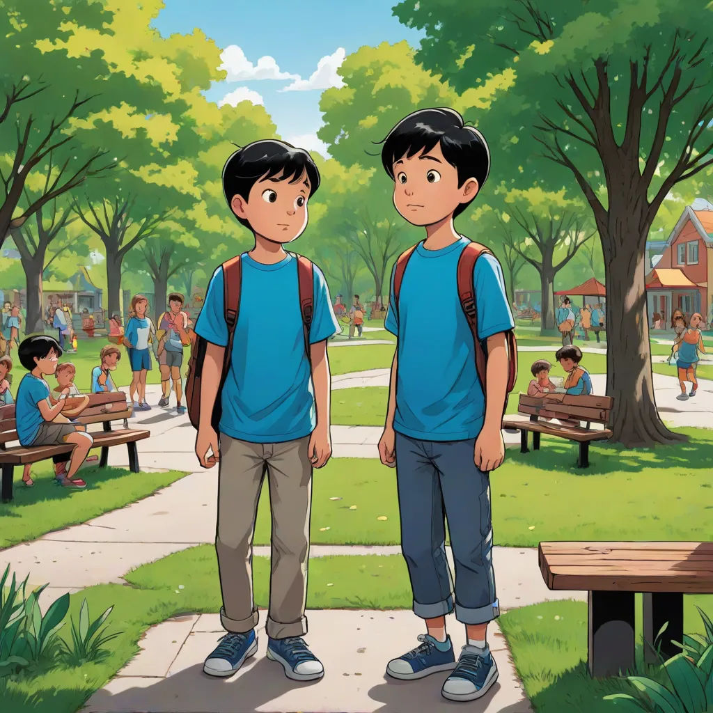 two young boys standing in front of a park bench with a group of people sitting on benches behind them, vancouver school, a storybook illustration, Brothers Hildebrandt, official art
