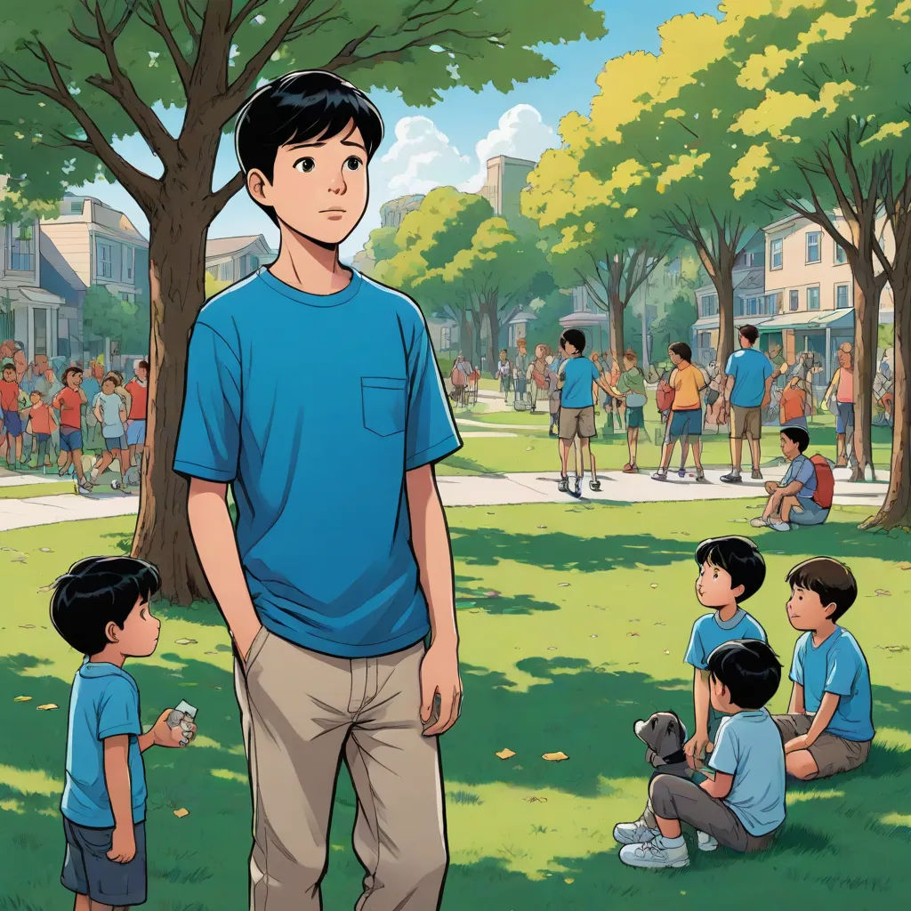 a man standing in front of a group of children in a park with a tree in the background and a crowd of people in the background, american realism, a storybook illustration, David Park, graphic novel